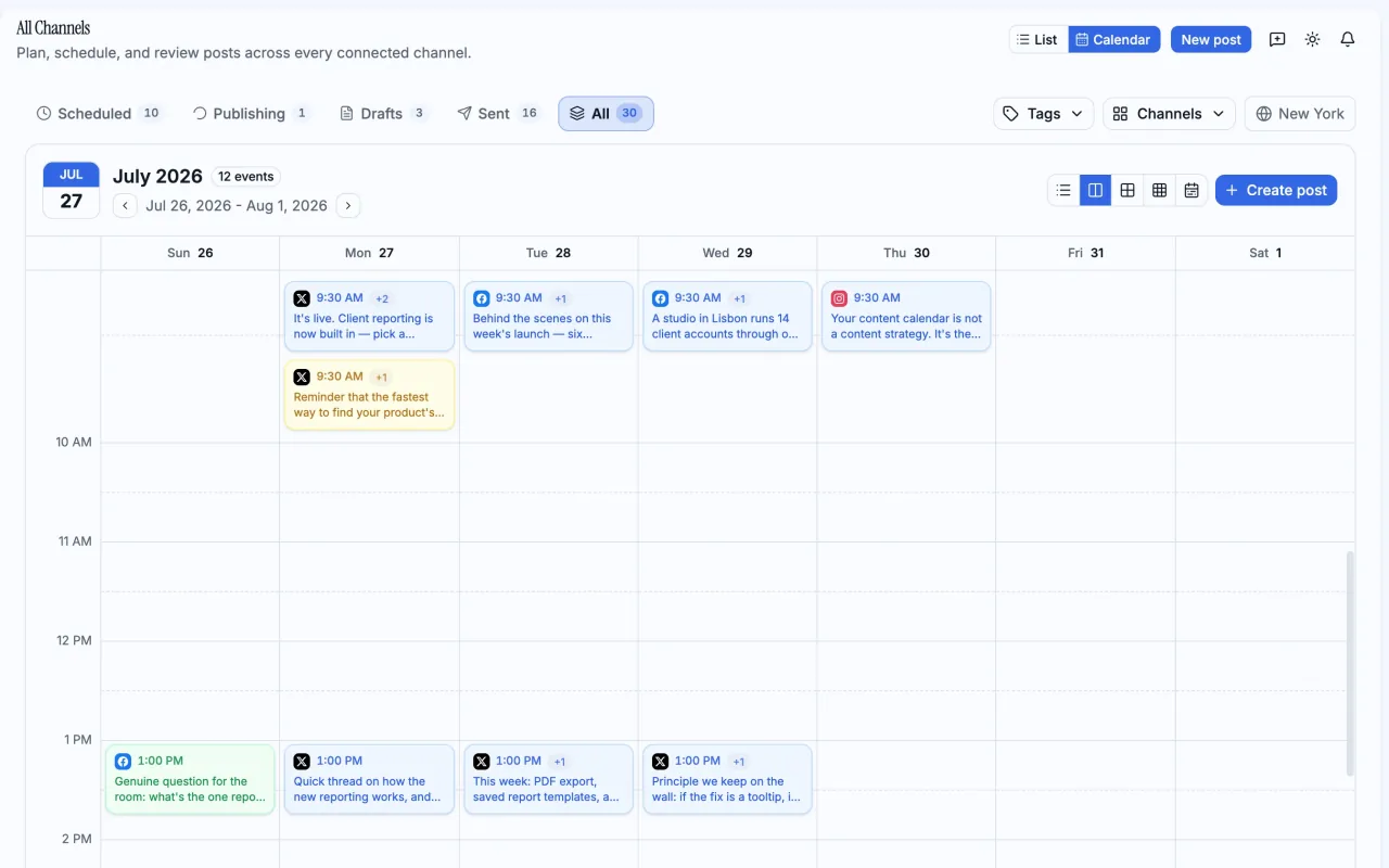The PostDaily calendar in week view, with posts for several channels laid out across the week.