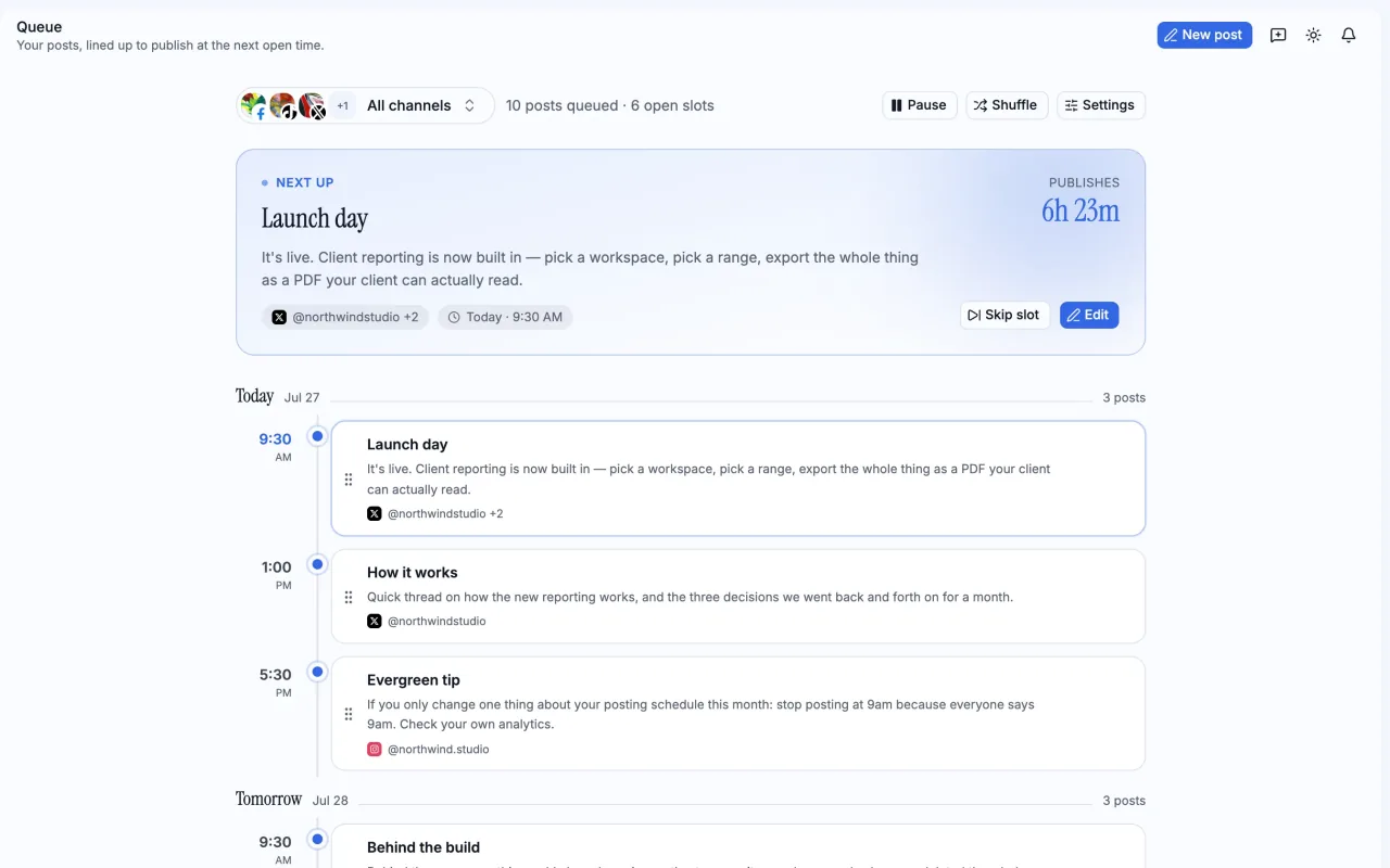 The PostDaily queue, showing today's posting slots filled and the next post counting down.